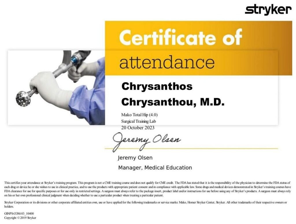 Πιστοποίηση MAKO Total Hip 4.0 · Surgical Training Lab — Stryker (2023)